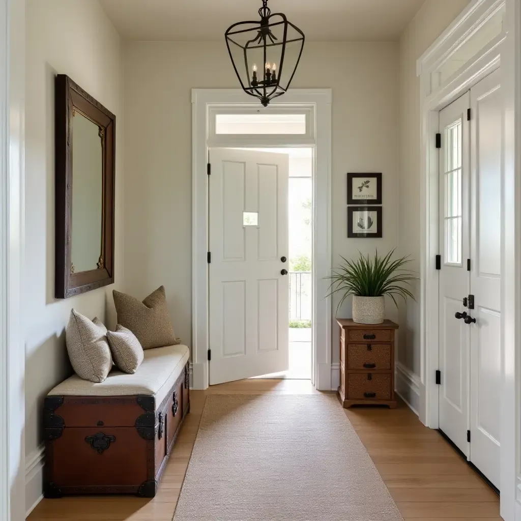 a photo of a cozy entrance hall with a vintage trunk as seating and decor