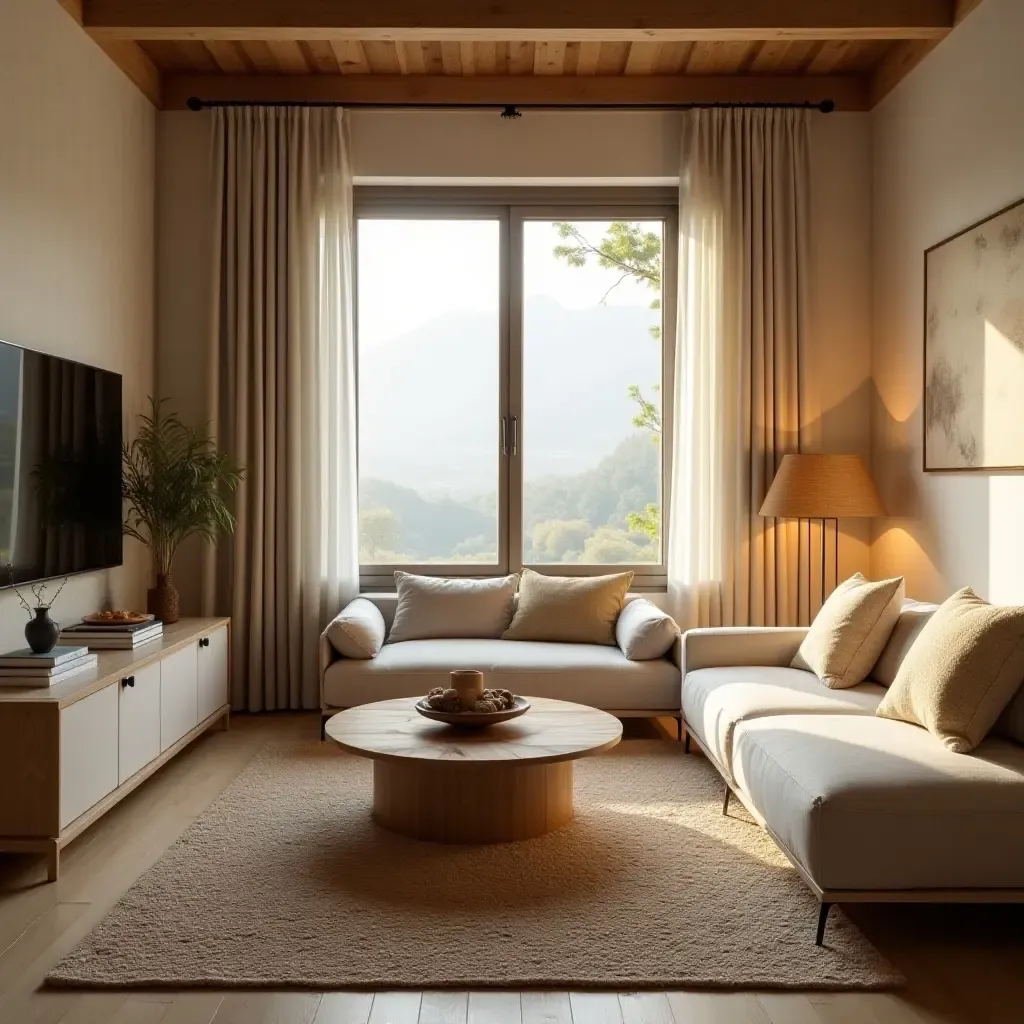 a photo of a living room with warm lighting and natural fiber rugs