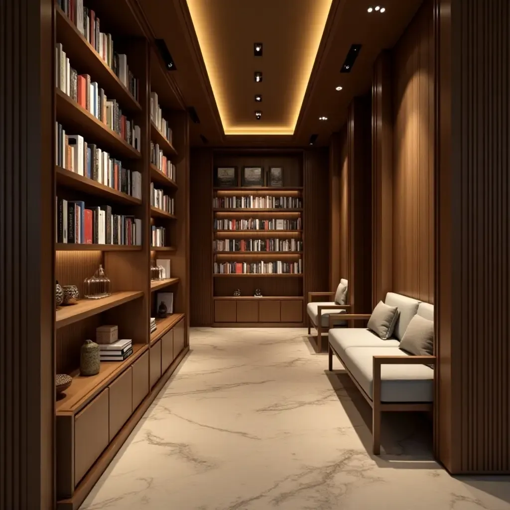 a photo of a corridor with a comfortable seating area and bookshelves