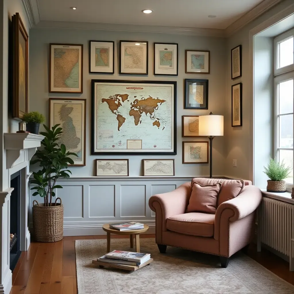 a photo of a basement gallery wall showcasing travel memorabilia and maps