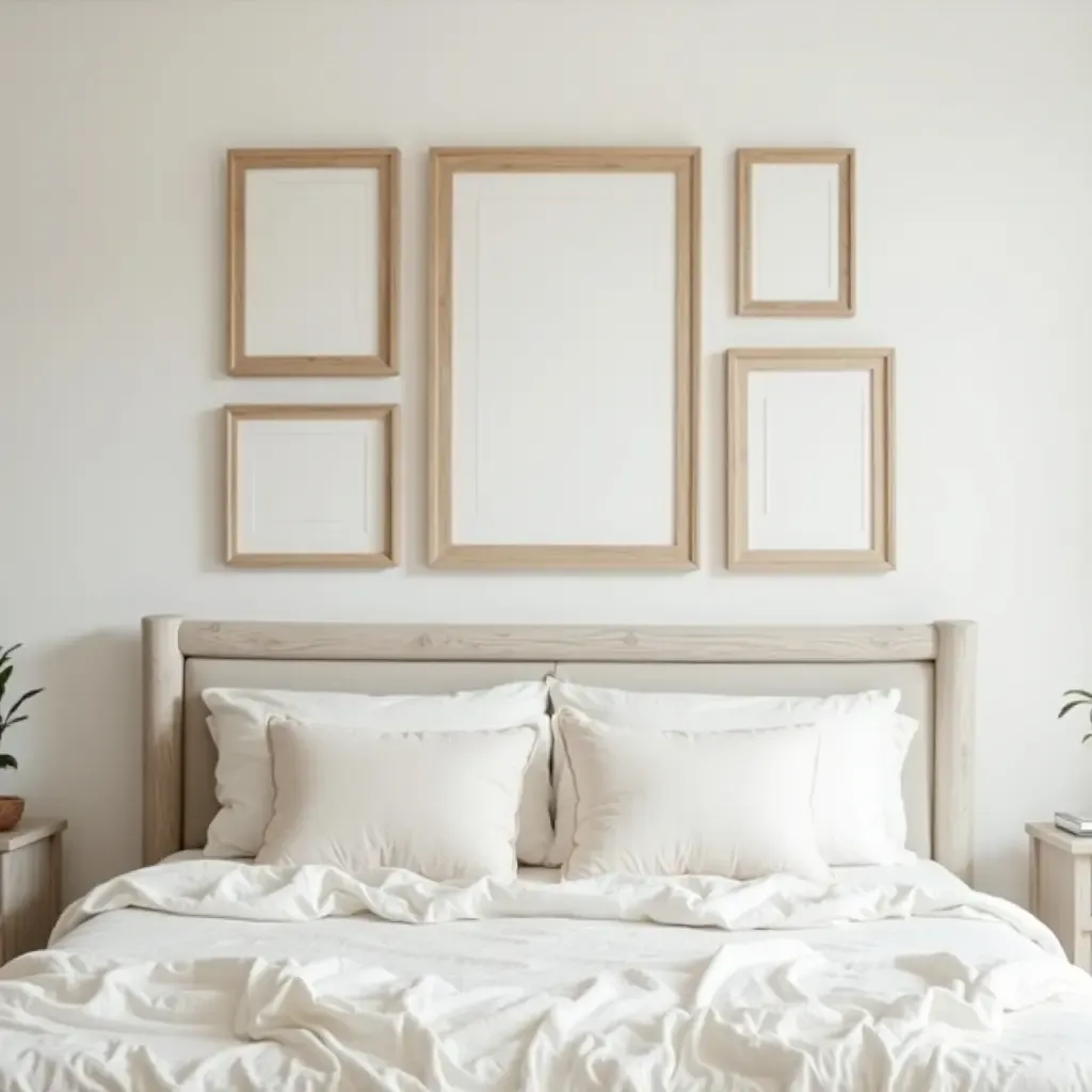 a photo of wooden picture frames on a bedroom wall