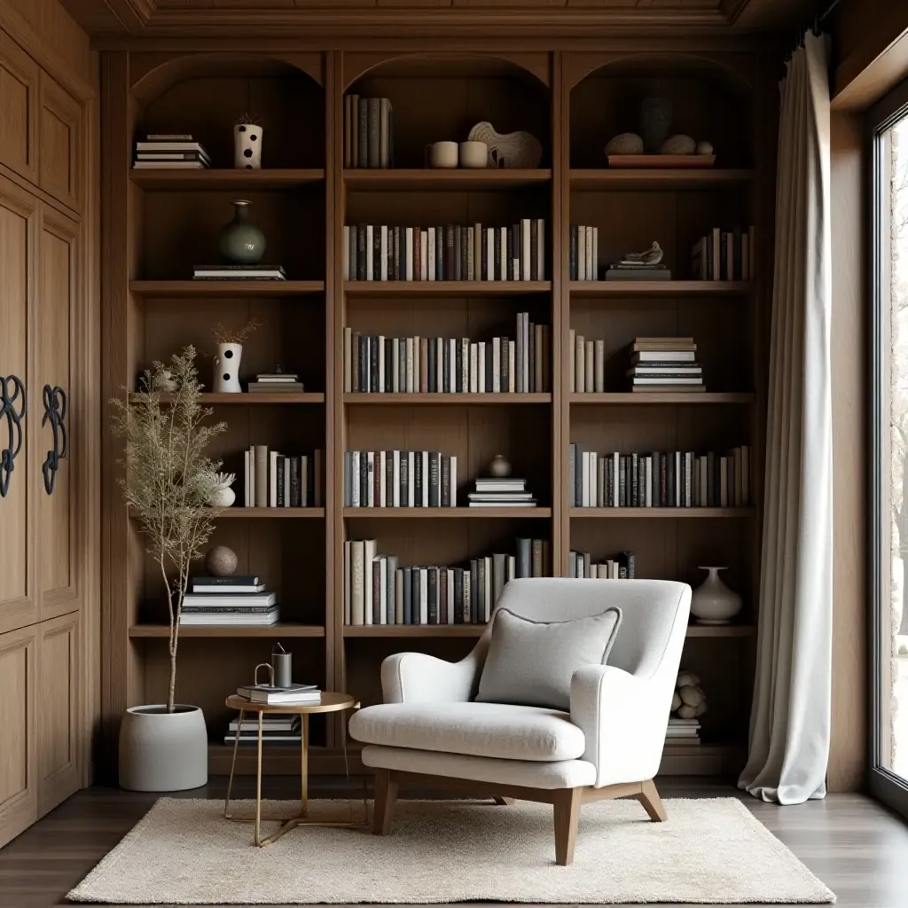 a photo of a home library with a rustic bookshelf and soft armchair