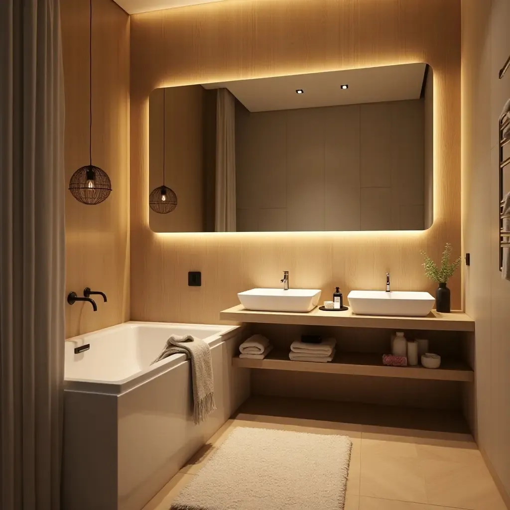 a photo of a cozy bathroom with warm lighting and chic decor elements