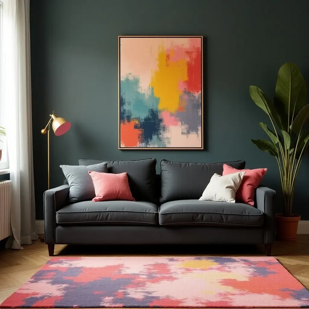 a photo of a dark grey couch paired with a colorful abstract rug and art on the walls