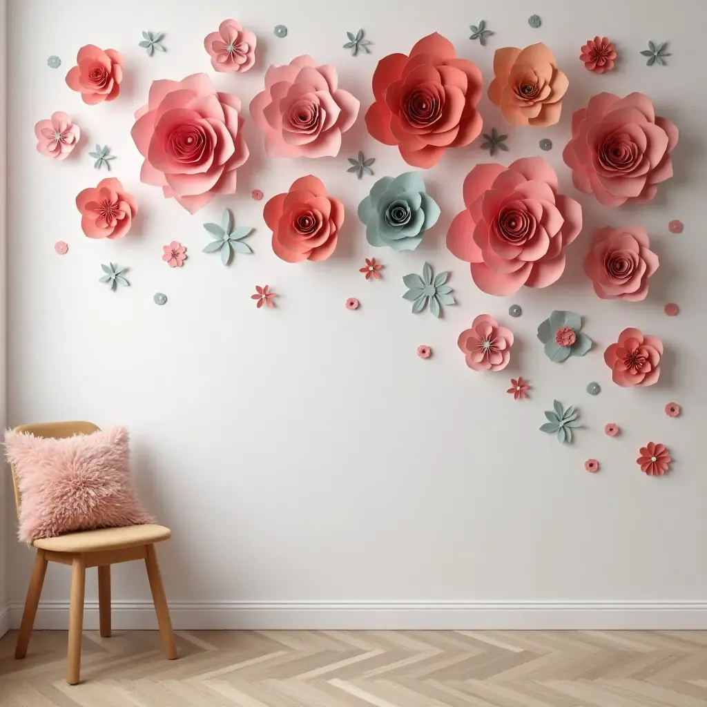 a photo of a room decorated with DIY paper flowers in various colors