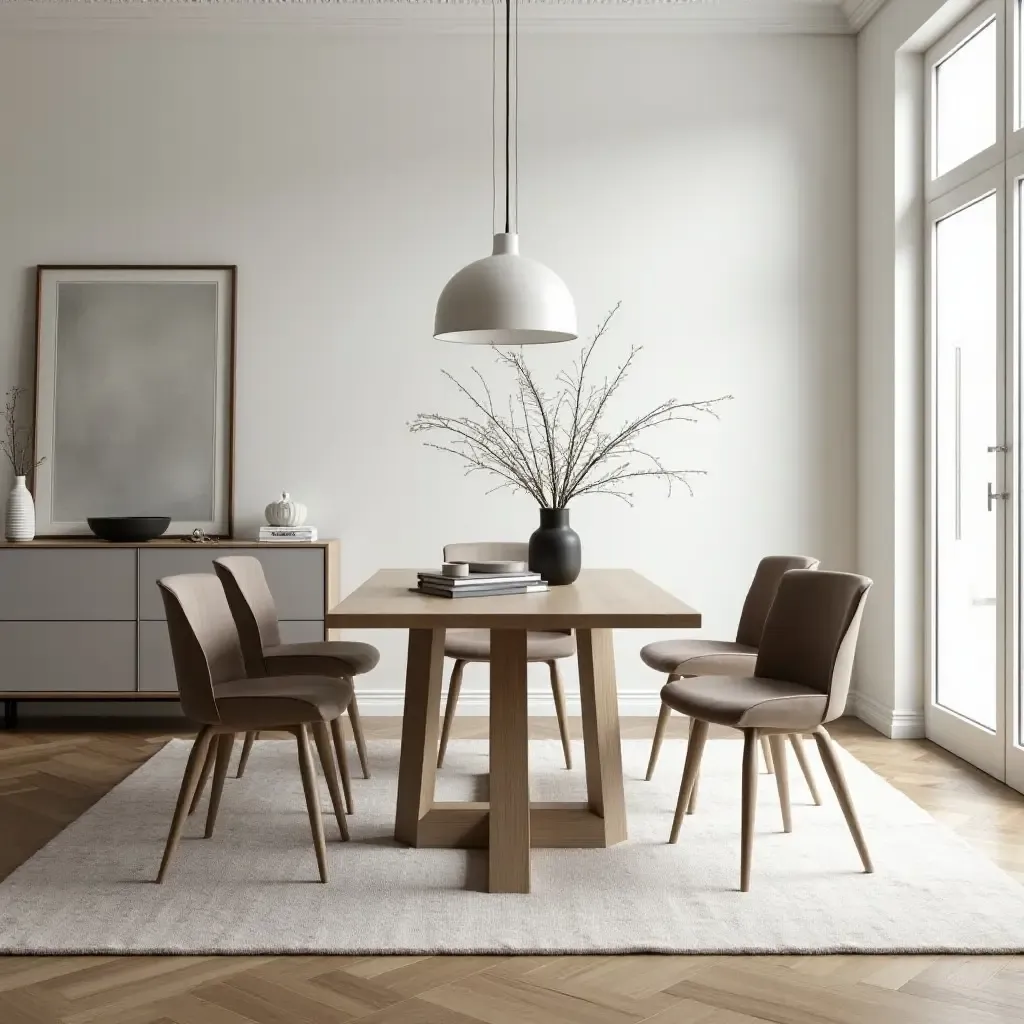 a photo of a chic area rug under a stylish dining table