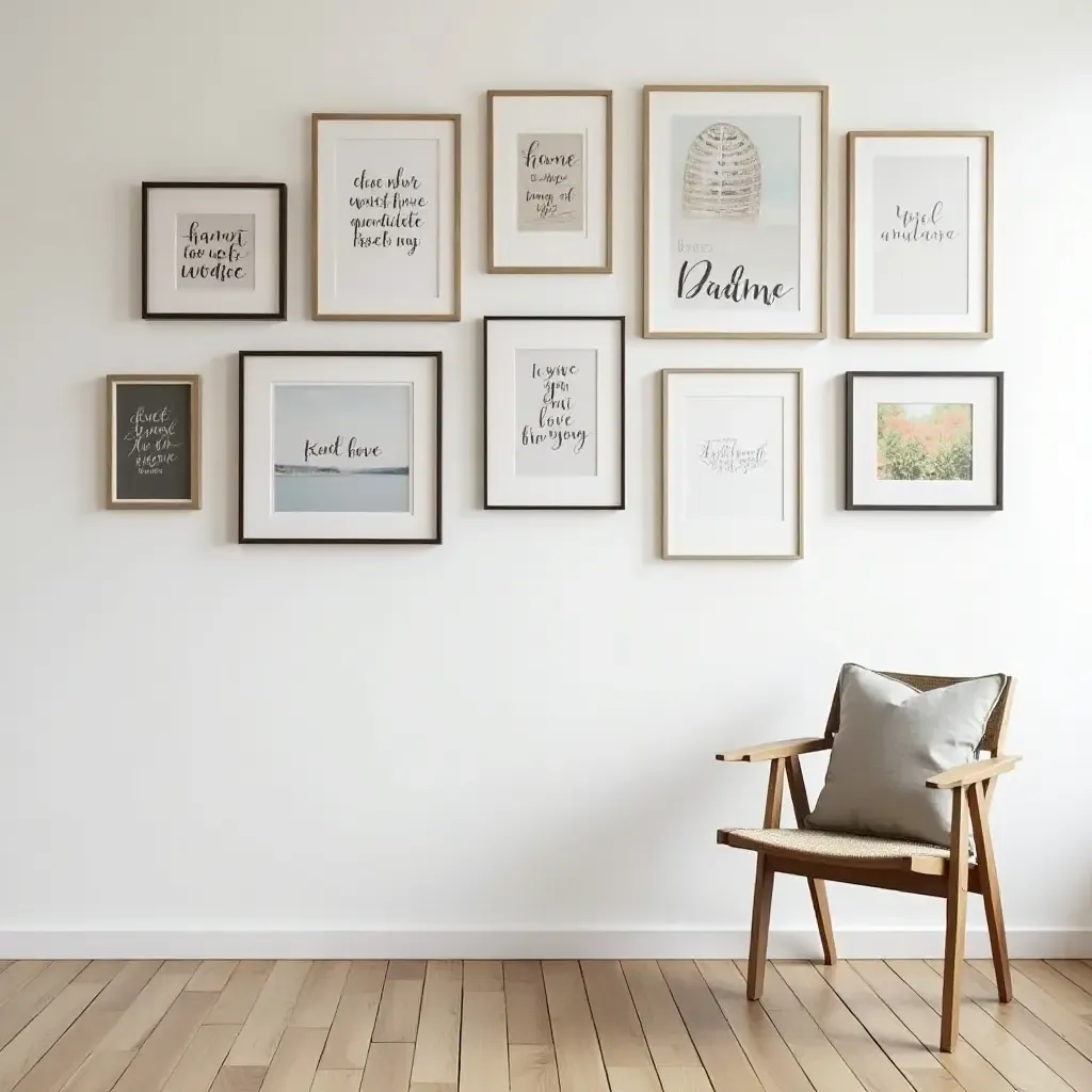 a photo of a gallery wall with a mix of framed quotes and inspirational artwork