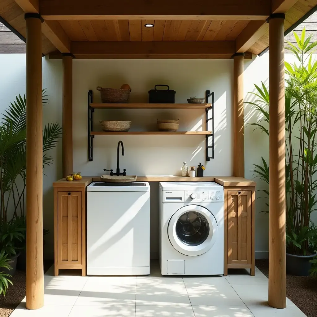 a photo of a tropical-themed outdoor laundry space with bamboo accents