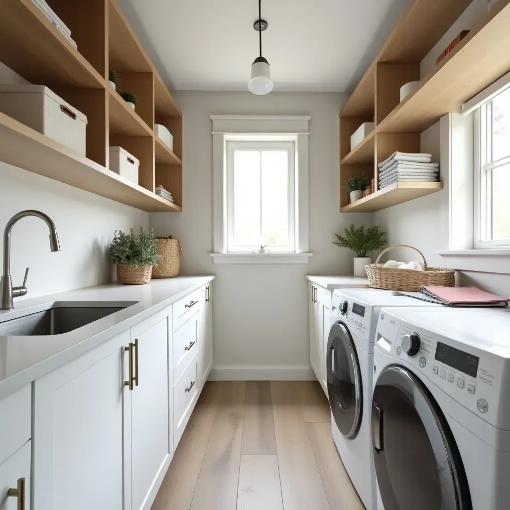 a photo of a long skinny laundry room with open shelving for organization