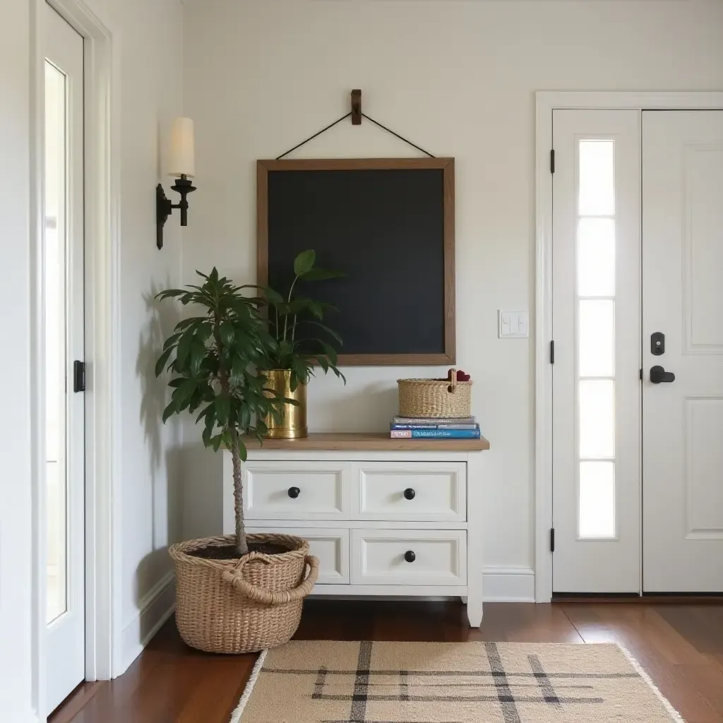 a photo of a stylish entryway with a chalkboard and farmhouse decor