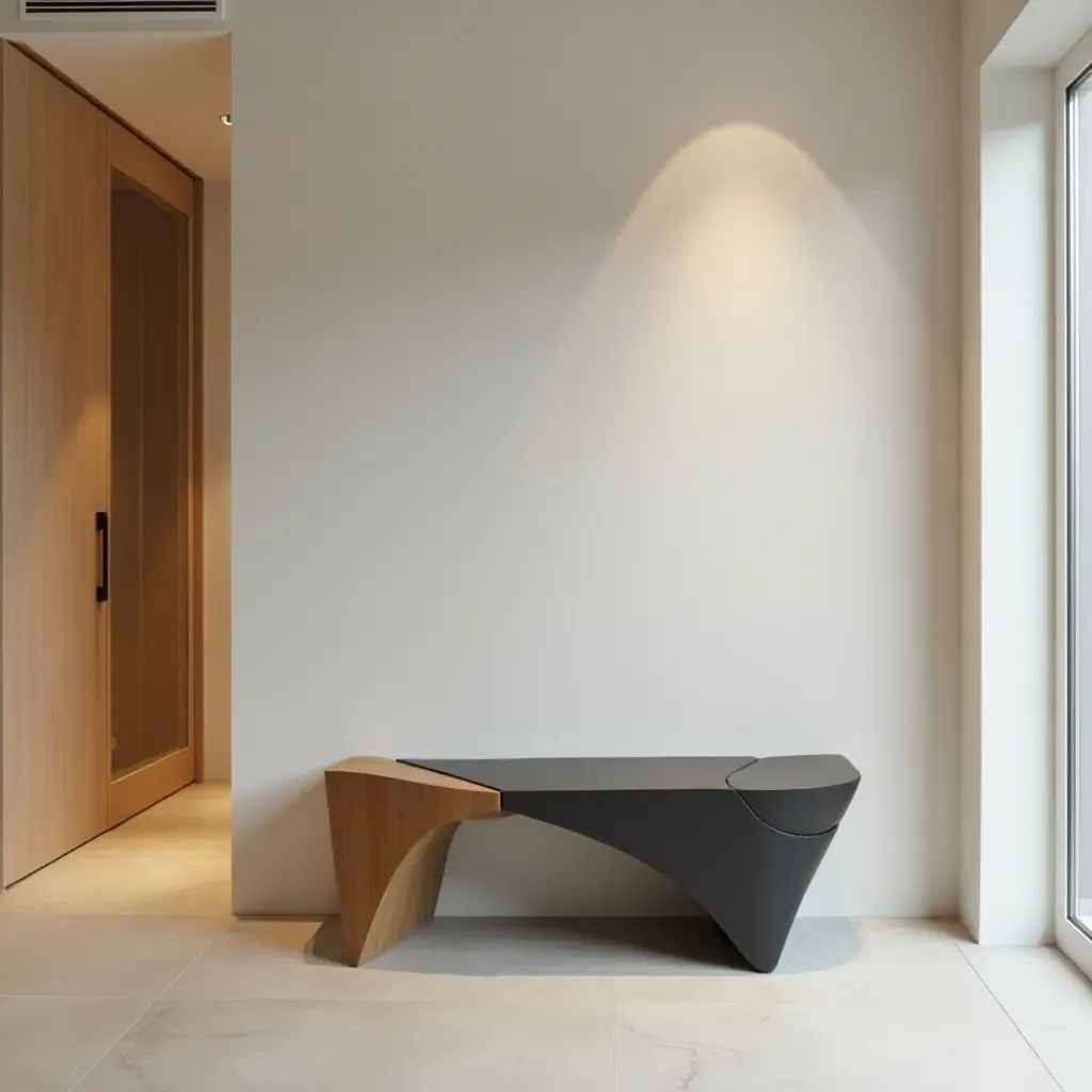 a photo of a unique bench with asymmetrical design in a contemporary hallway