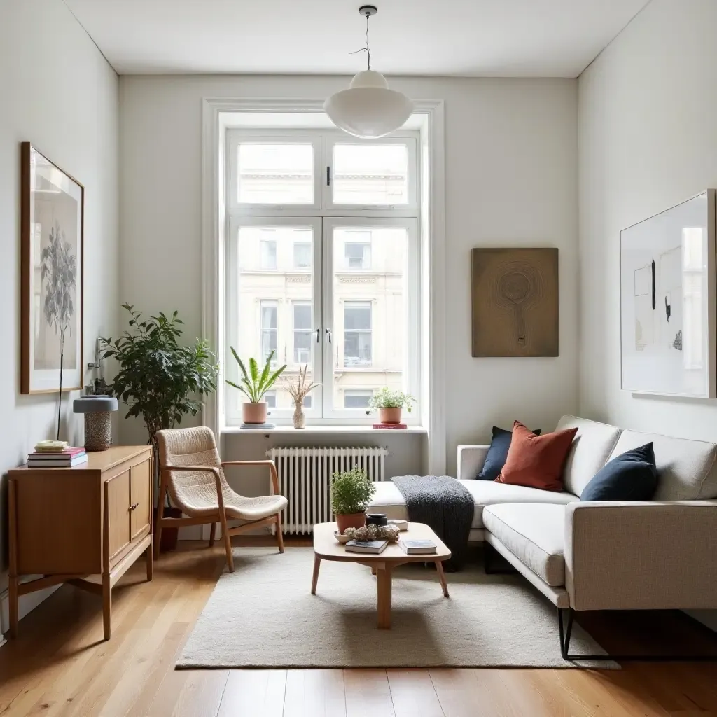 a photo of a small living room featuring a mix of modern and vintage furniture