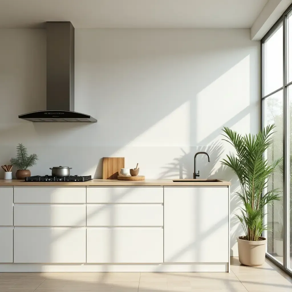 a photo of a minimalist kitchen with a touch of greenery and natural light