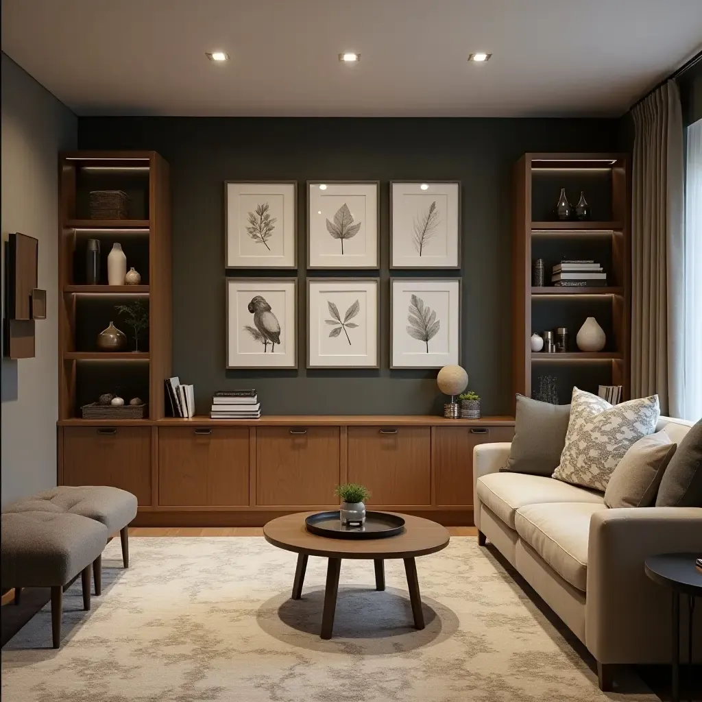 a photo of a trendy basement with a gallery wall and storage