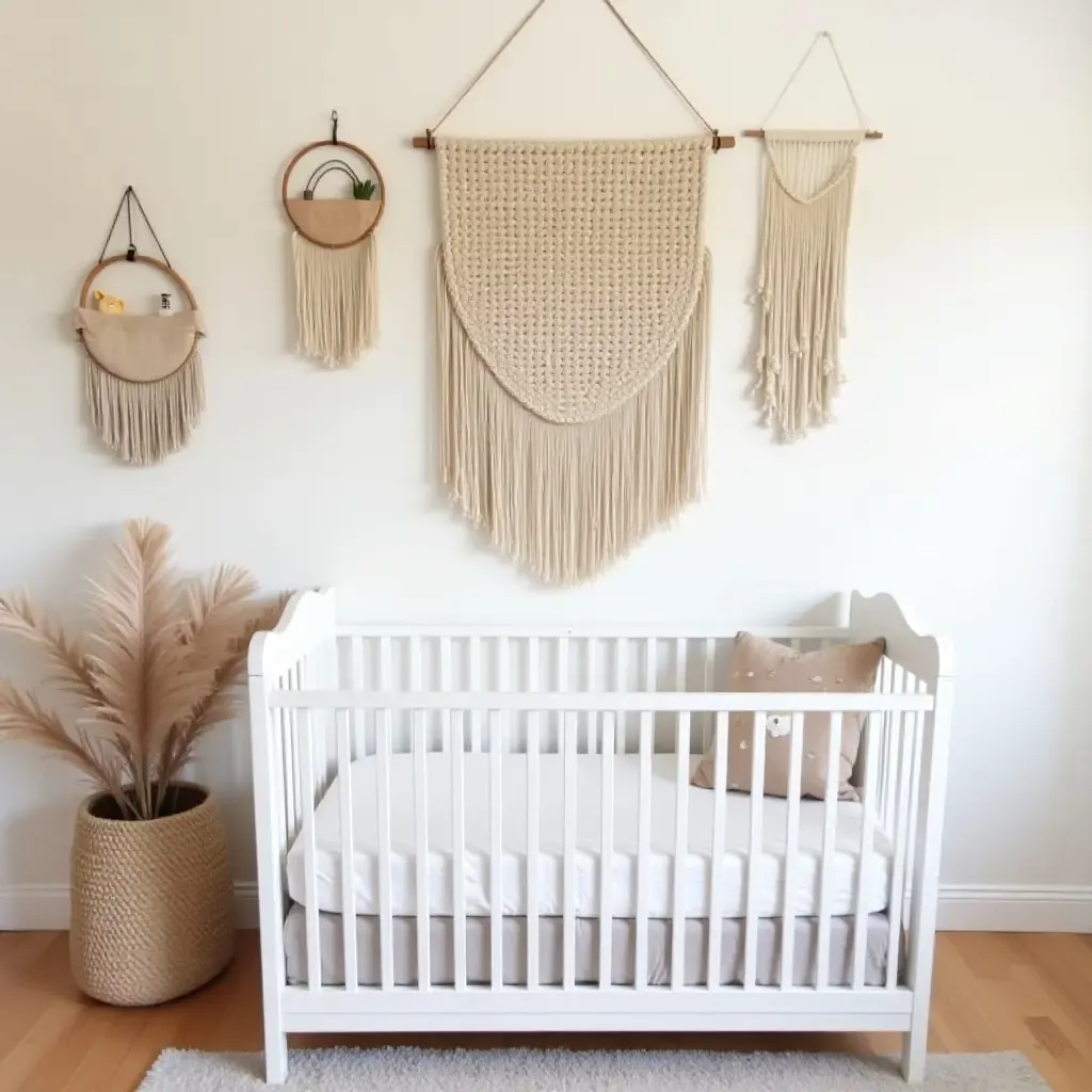 a photo of a nursery adorned with woven wall hangings and tapestries