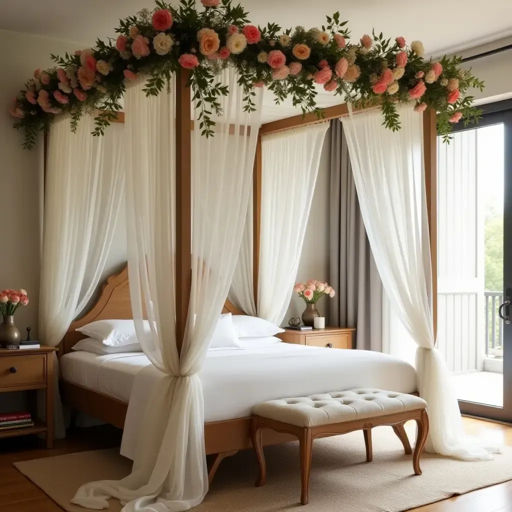 a photo of a four-poster bed draped in sheer fabric and flowers