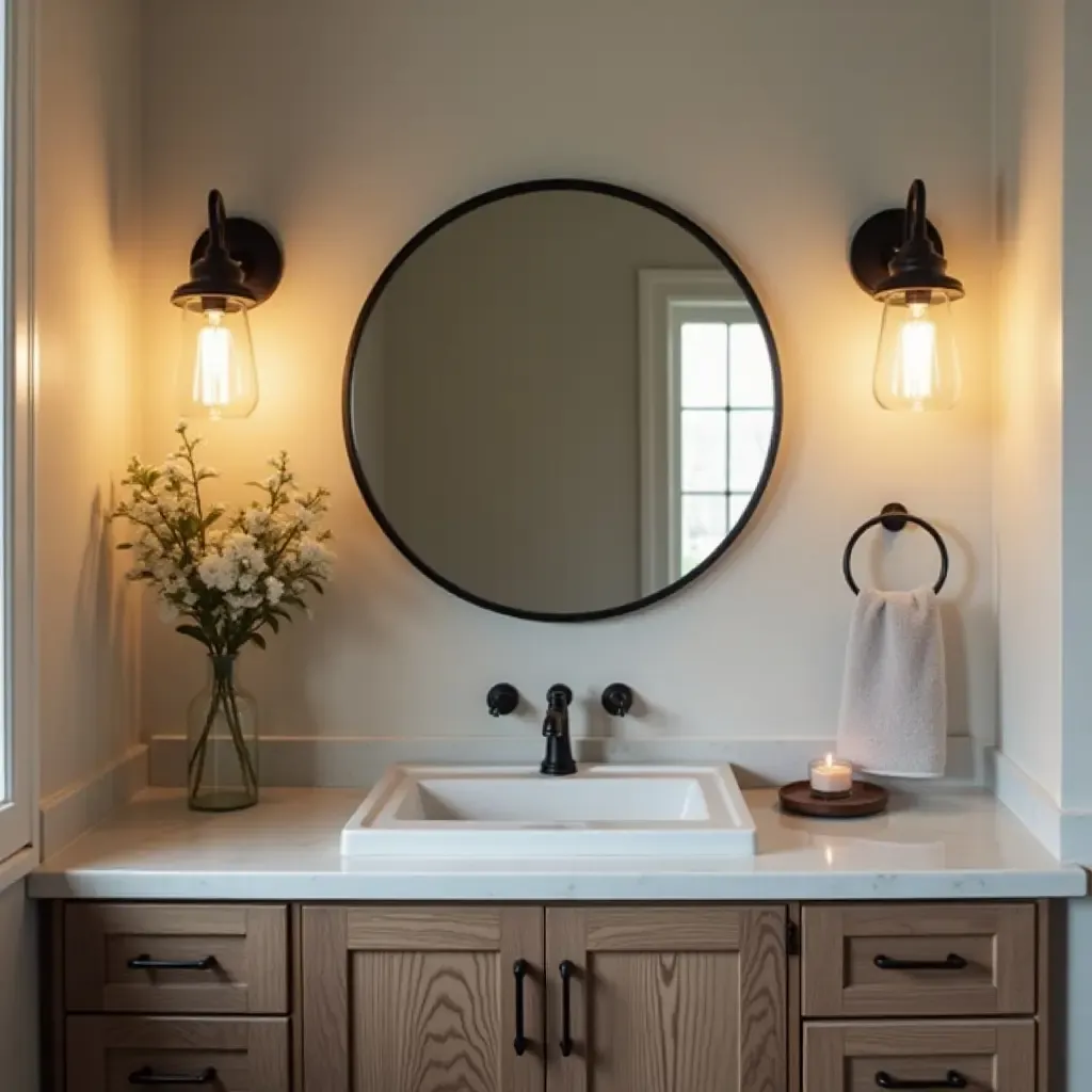 a photo of vintage industrial light fixtures above a bathroom sink