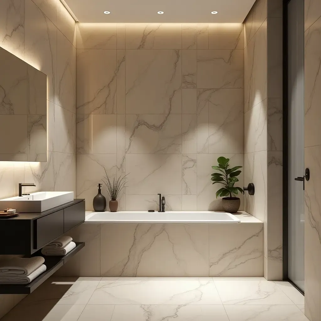 a photo of a sophisticated bathroom with textured tiles and soft lighting