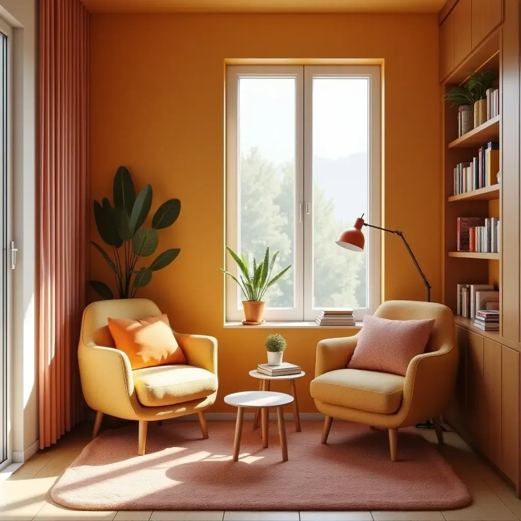 a photo of a reading nook with a bright and cheerful color scheme