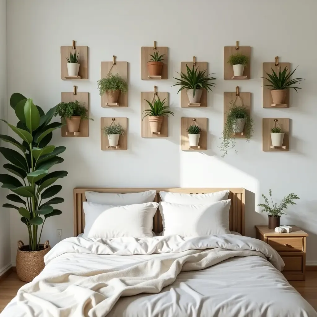 a photo of a tranquil bedroom featuring a wall of indoor plants and wood decor