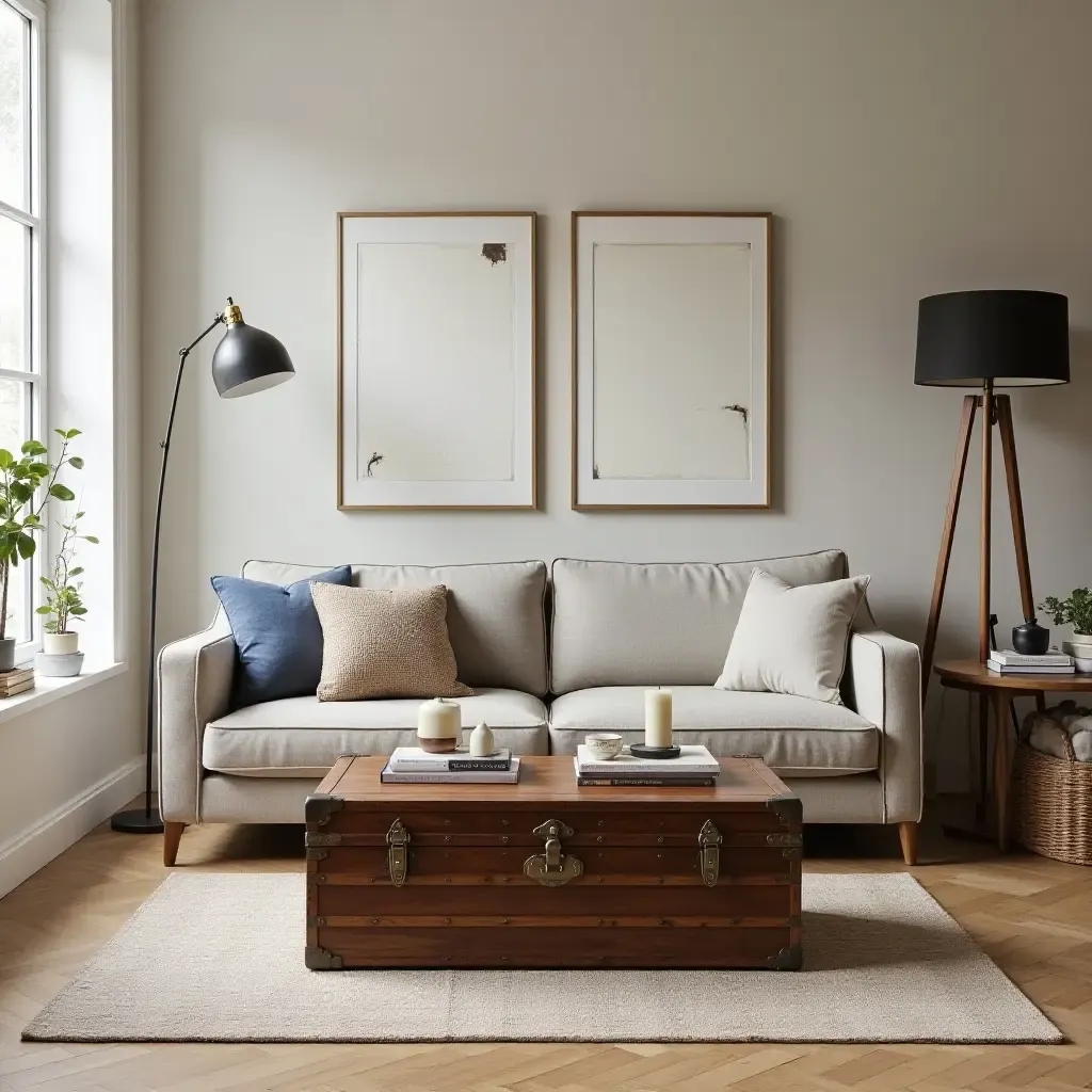 a photo of a contemporary living room with a vintage trunk as a coffee table