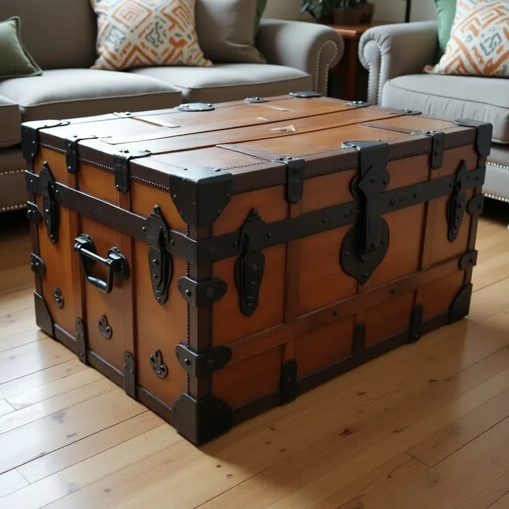 a photo of a vintage trunk used as a coffee table