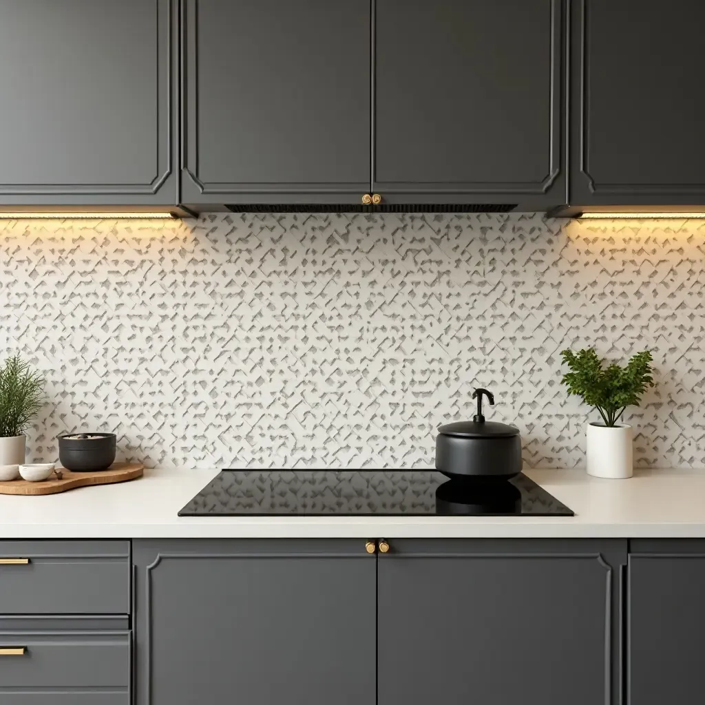 a photo of a unique patterned vinyl backsplash in a trendy urban kitchen