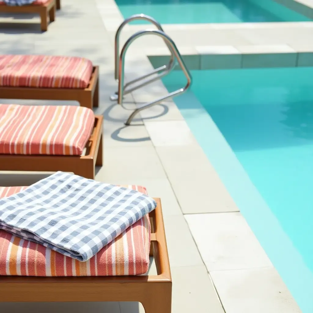 a photo of a chic pool deck featuring colorful fabric towels, teak wood furniture, and stainless steel accents