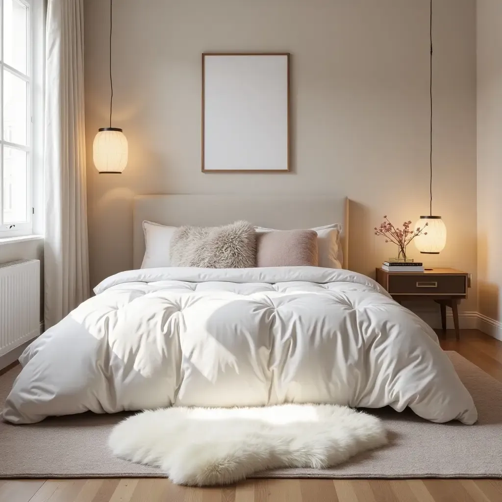 a photo of a fluffy faux fur rug in a cozy teen bedroom