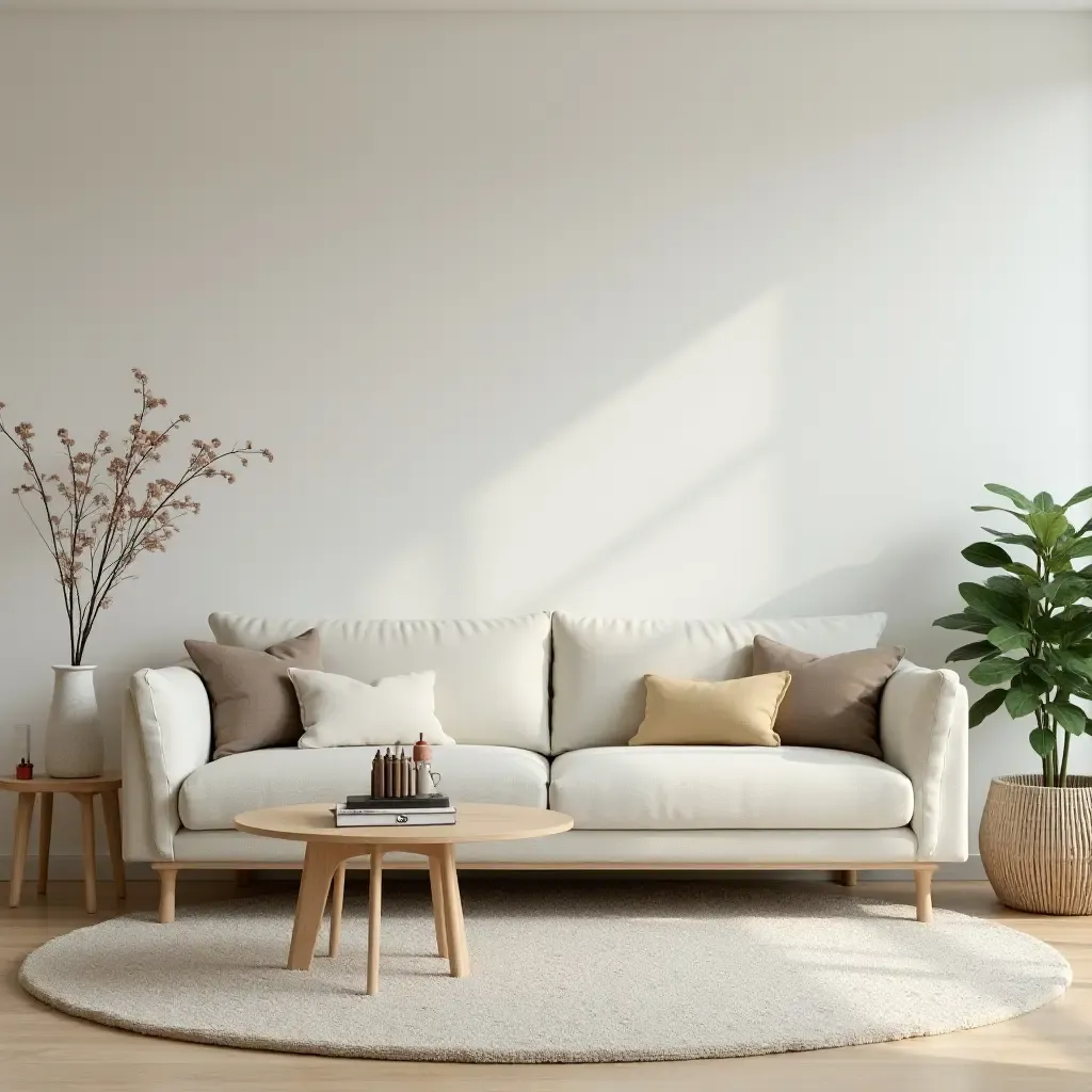 a photo of a small living room with a neutral color palette and greenery