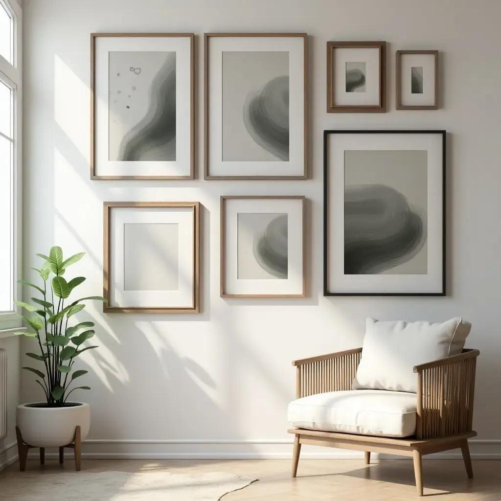 a photo of a gallery wall with a mix of 3D elements and frames