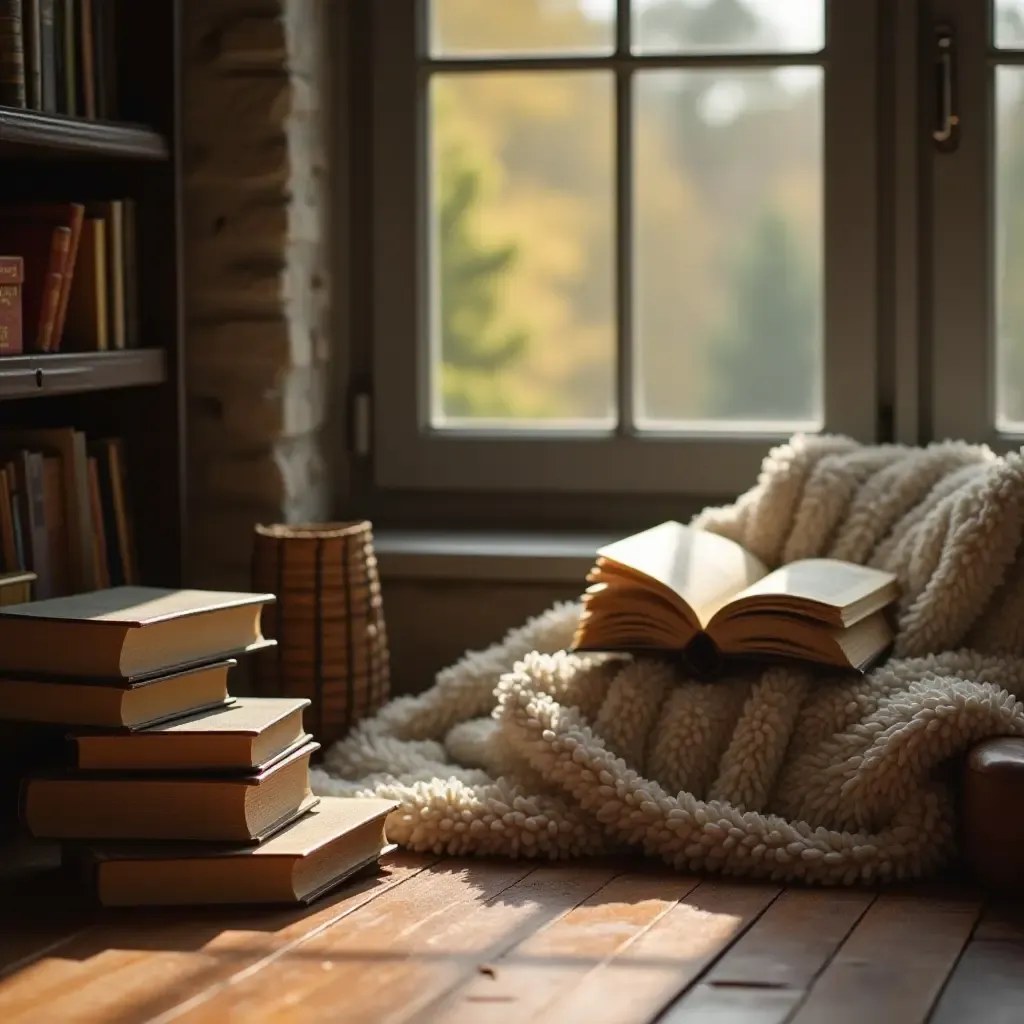 a photo of a cozy reading corner with a stack of books and a blanket