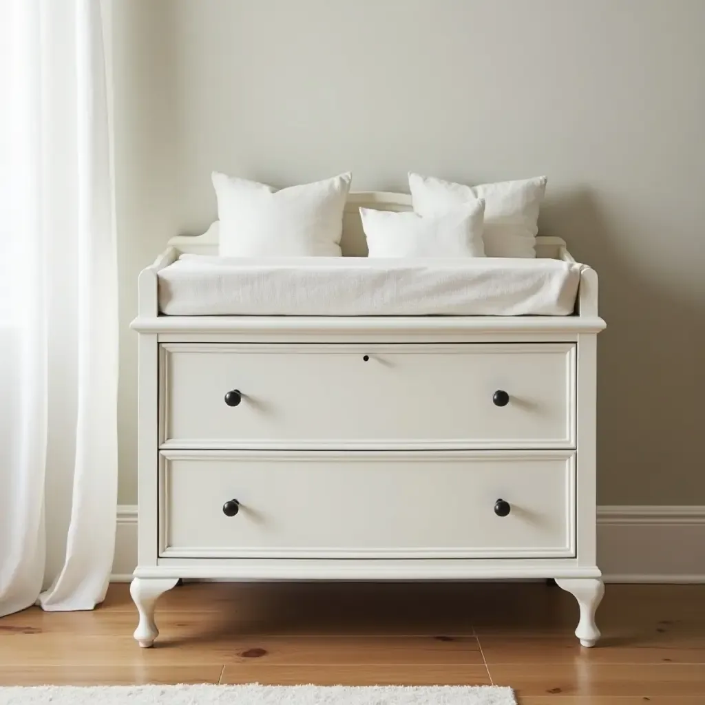 a photo of a vintage-inspired changing table with soft linens