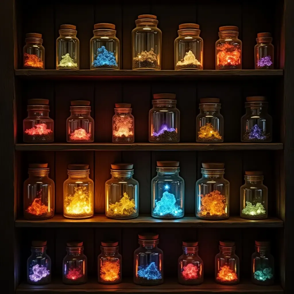 a photo of a shelf filled with spell jars and magical artifacts