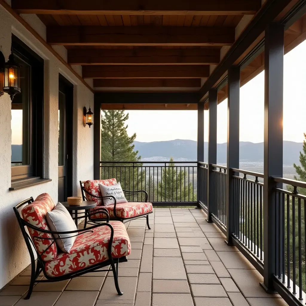 a photo of an inviting balcony with patterned fabric, rustic wood beams, and industrial metal