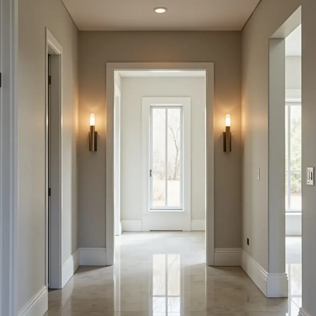 a photo of an entrance hall showcasing metallic wall sconces