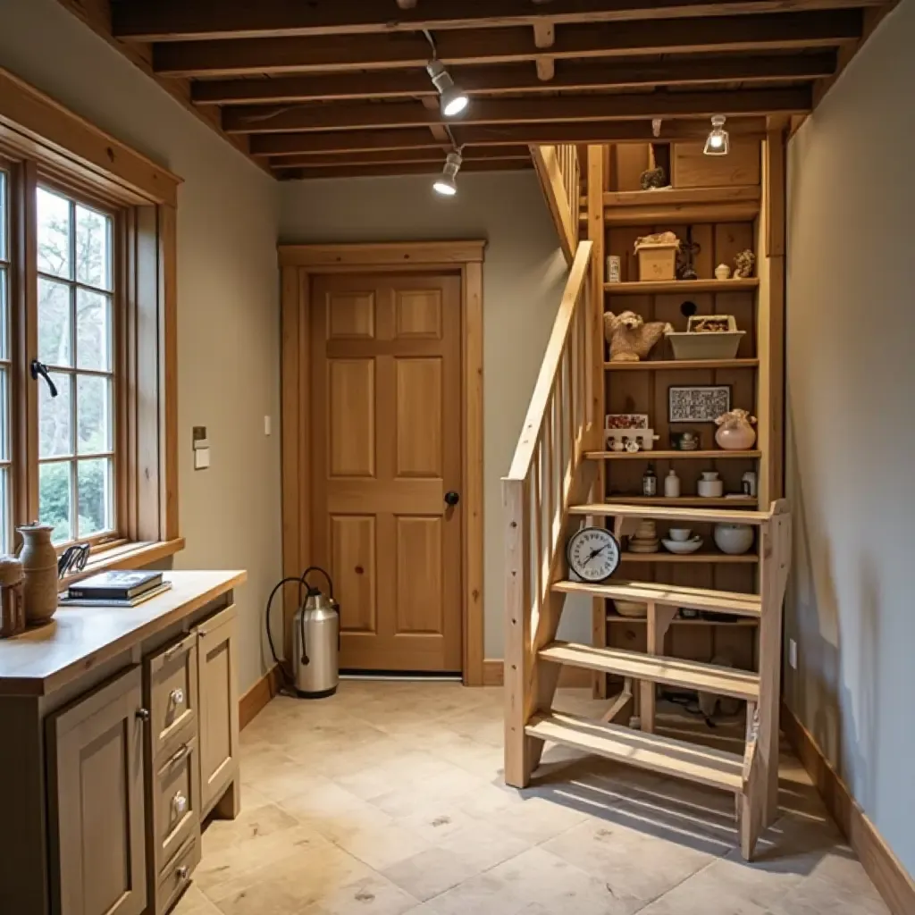 a photo of a basement with a decorative ladder for storage