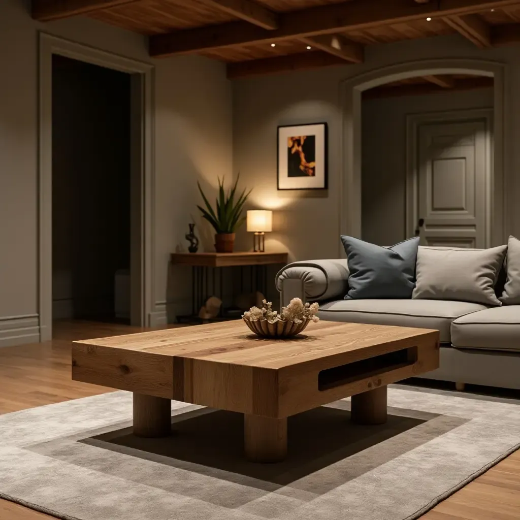 a photo of an antique wooden coffee table in a stylish basement