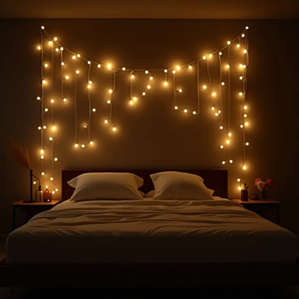 a photo of fairy lights draped elegantly above a bed