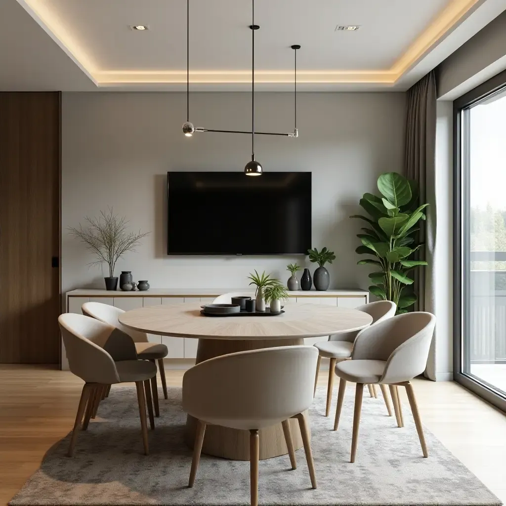 a photo of a contemporary dining space with a wall-mounted TV and decorative plants