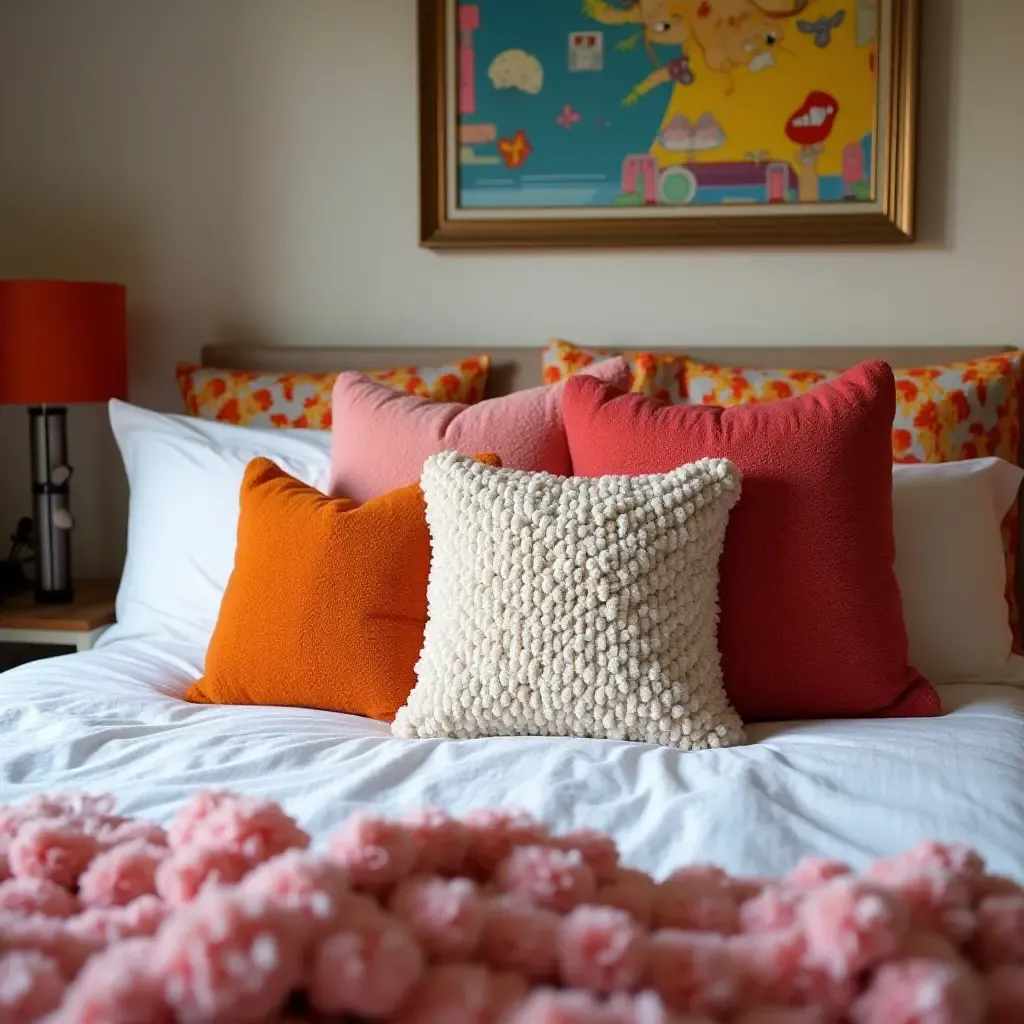 a photo of a vibrant bedroom with mixed-texture throw pillows