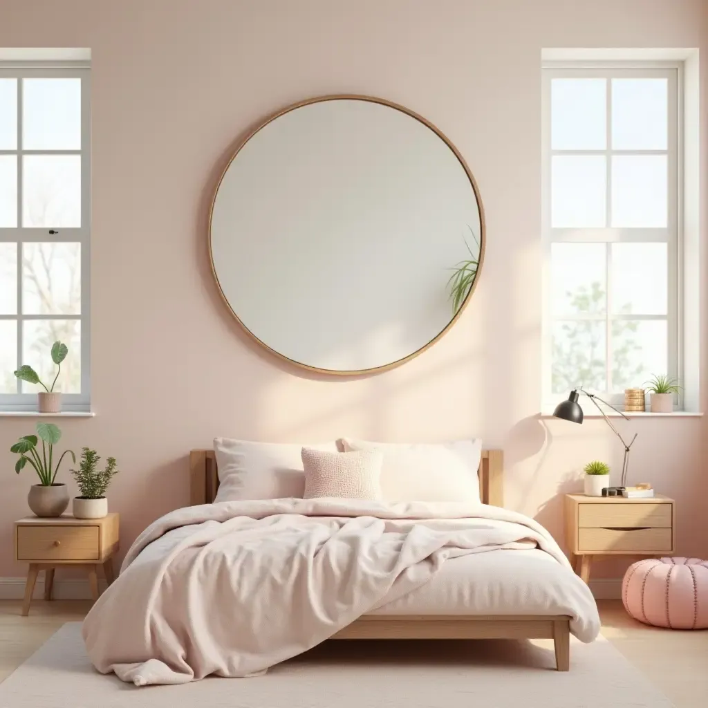 a photo of a cheerful children&#x27;s bedroom with a large round mirror above the bed