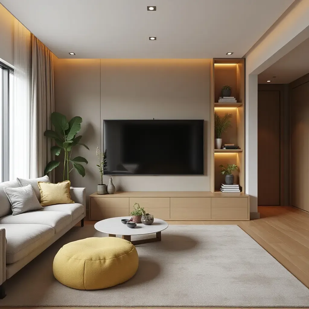 a photo of a family-friendly TV room with a play area and stylish decor