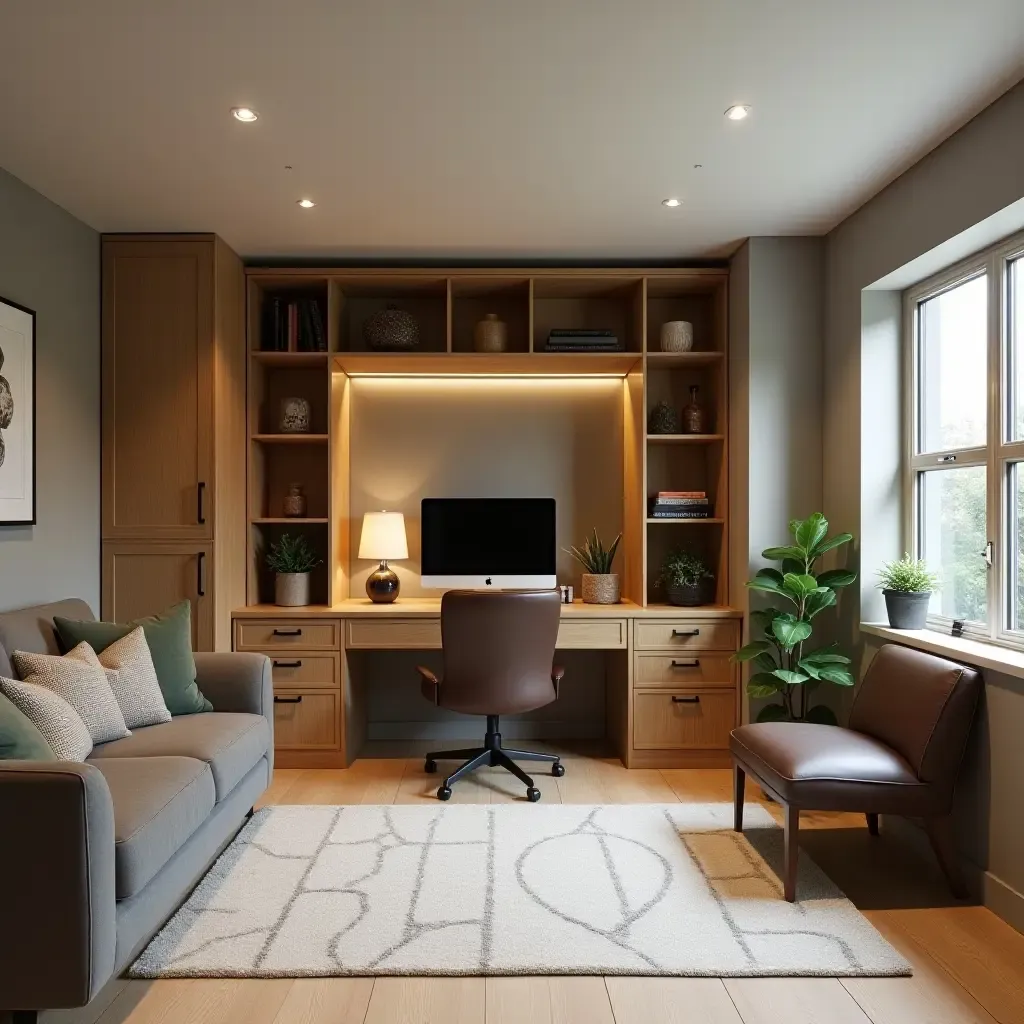 a photo of a basement home office with efficient storage solutions