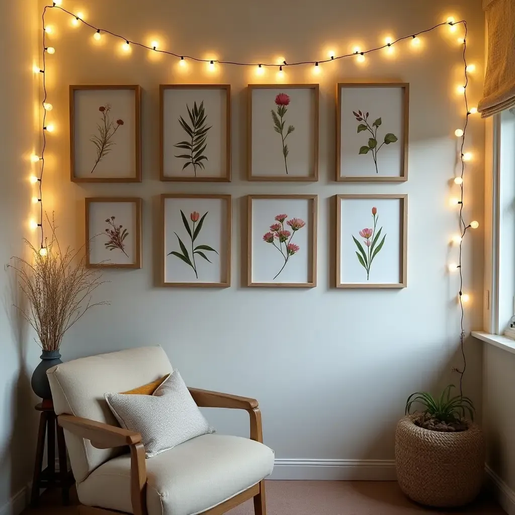 a photo of a wall adorned with botanical prints and fairy lights