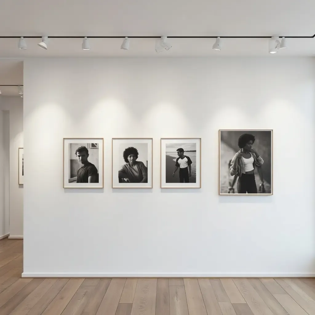 a photo of a gallery wall featuring black and white photography