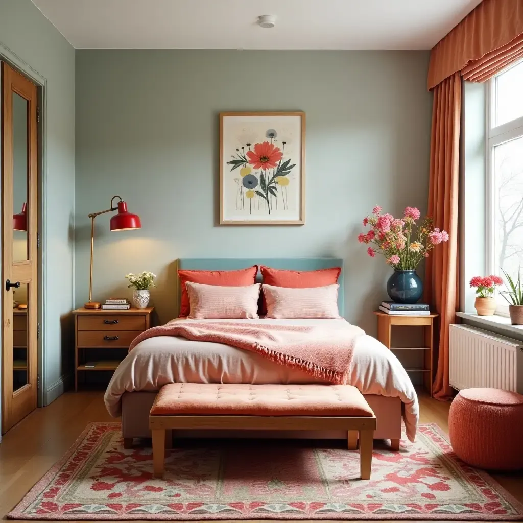 a photo of a lively bedroom with eclectic furniture and bright accents