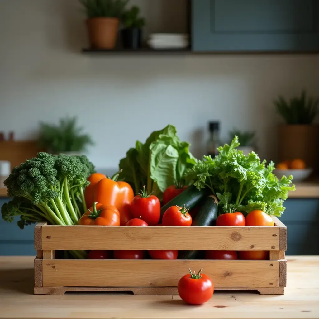 a photo of a kitchen with a wooden crate filled with fresh vegetables