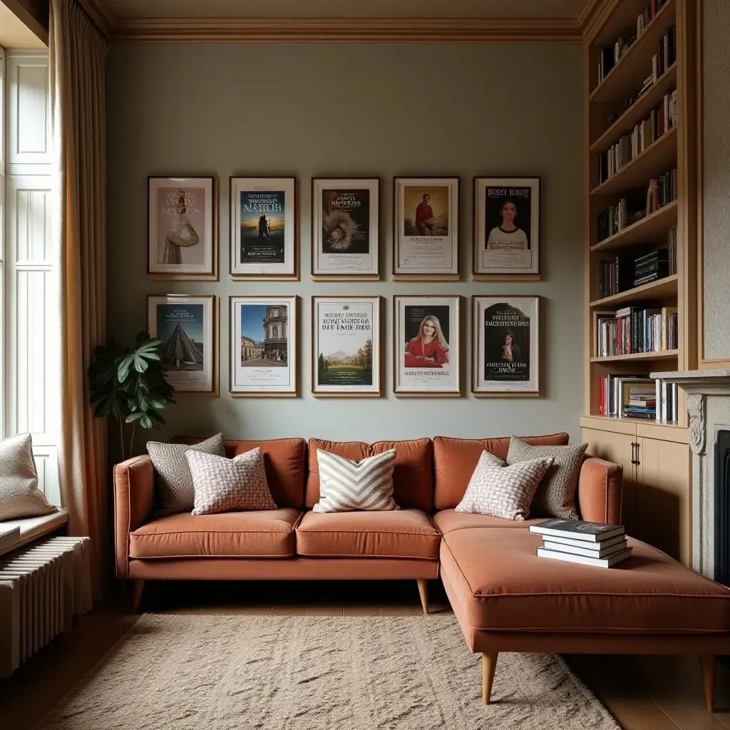 a photo of a cozy reading nook with a gallery wall of book covers