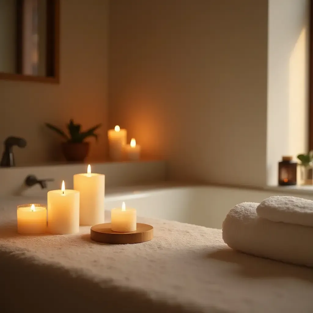 a photo of a serene spa-like bathroom with candles and soft textures